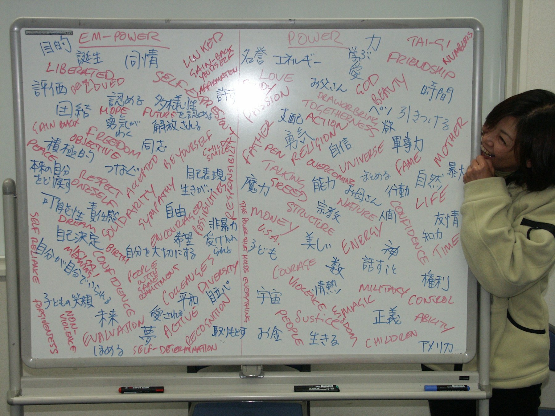 Bilingual English and Japanese workshop board filled with words and ideas during the 2B1 Japan UK project