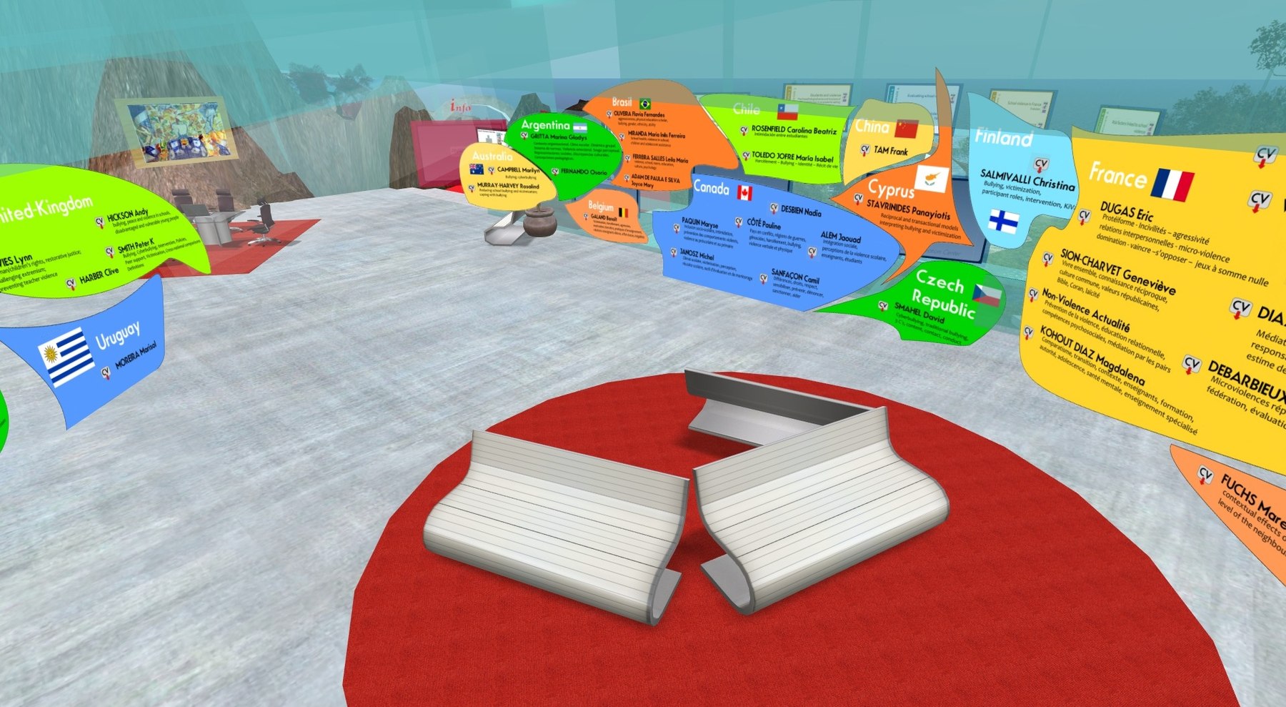 Virtual exhibition space in the Anti Violence Campus in Second Life, showing international anti violence material