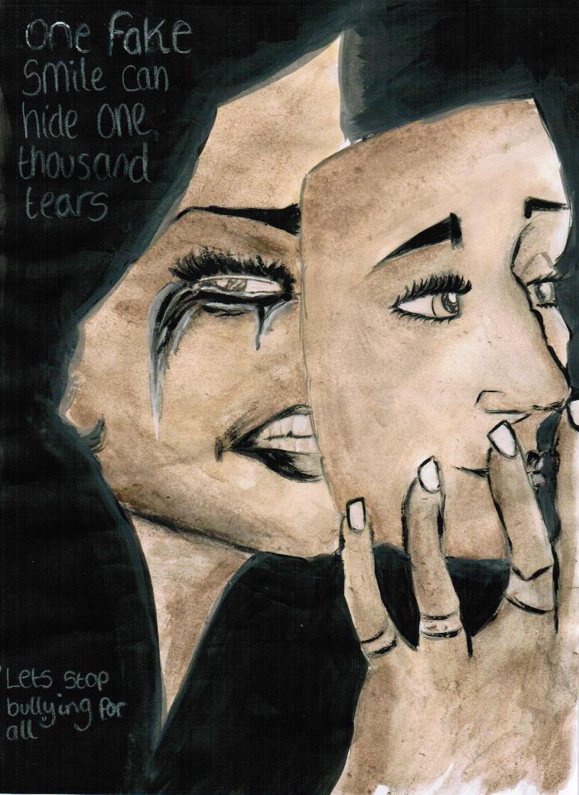 Artwork showing one face smiling while another face behind it cries, with the words One fake smile can hide one thousand tears