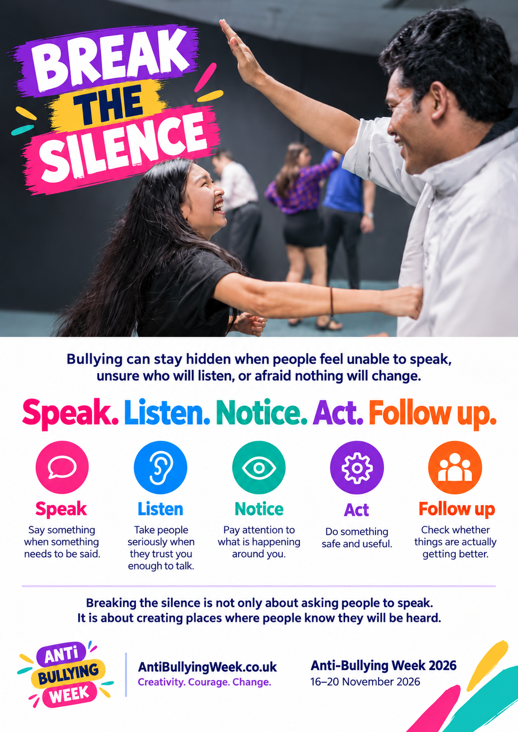 Break the Silence poster for Anti-Bullying Week 2026, using a photograph of two people high-fiving and the five actions Speak, Listen, Notice, Act and Follow up.