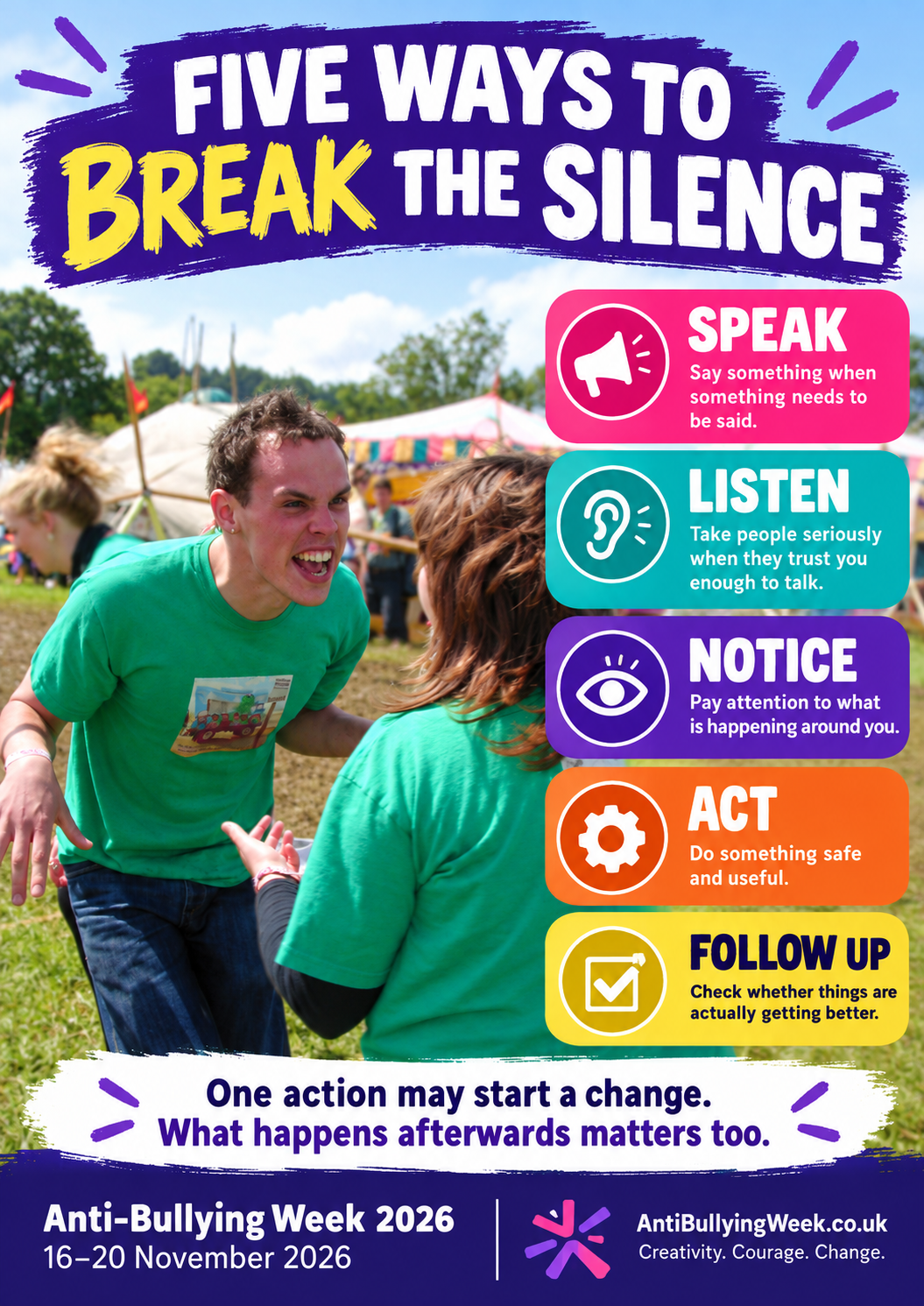 Five Ways to Break the Silence poster for Anti-Bullying Week 2026, showing the actions Speak, Listen, Notice, Act and Follow up.